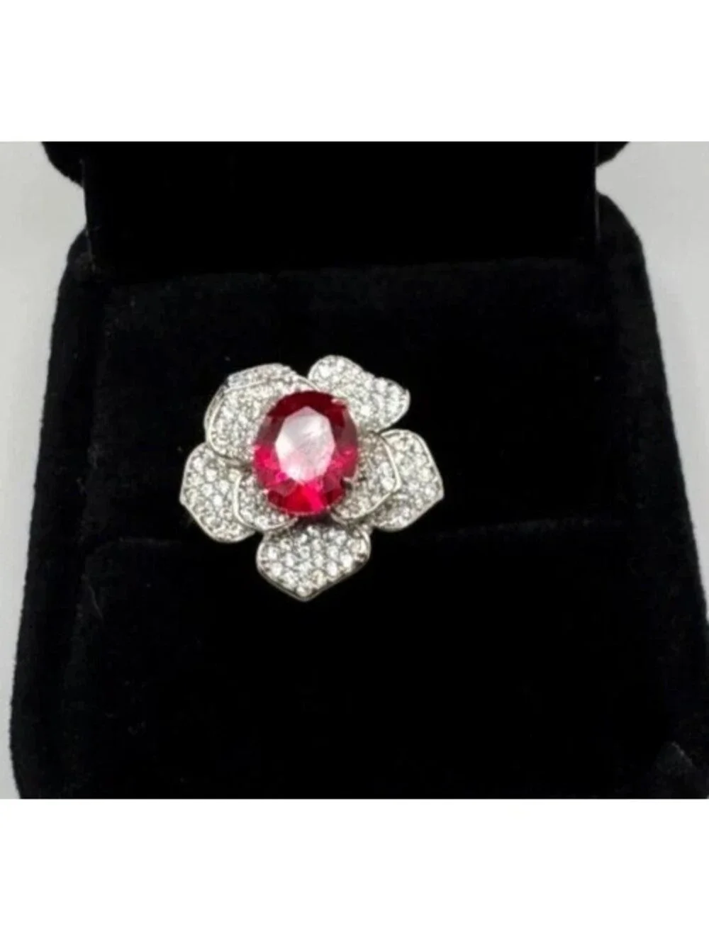 Platinum Plated Adjustable 2 ct Moissanite Pink Flower Ring Vintage Inspired